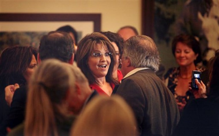 Former Republican Vice Presidential candidate and Alaskan Gov. Sarah Palin greets guests after speaking at the Reagan Ranch Center in Santa Barbara, on Friday. Palin was the headline speaker for the Ronald Reagan Centennial celebration opening reception hosted by the Young Americans Foundation. 